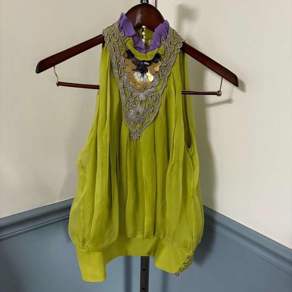 Badgley Mischka Sleeveless Sequin Ruffle Neck Chiffon Blouse Small